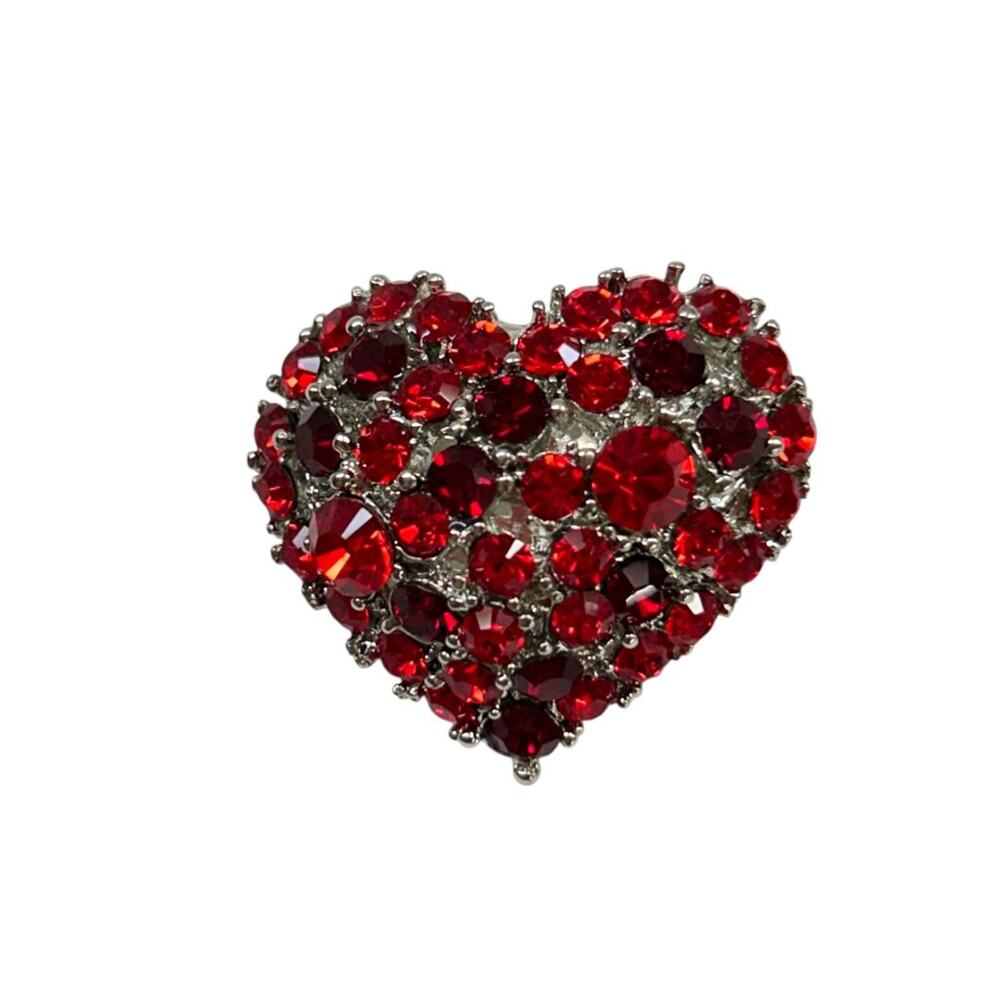 Sparkle Heart Brooch Pin Red Silvertone 1.25" Signed